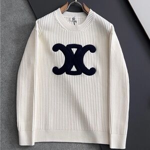Celine Ivory Crewneck Sweater with Navy Emblem
